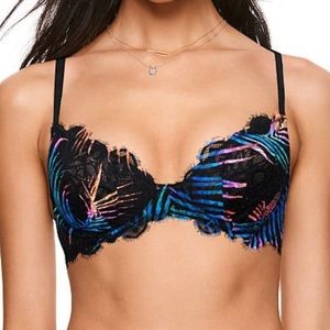 Victoria’s Secret Pink Date Push Up Colorful Floral Black Bra (size 36D Large)